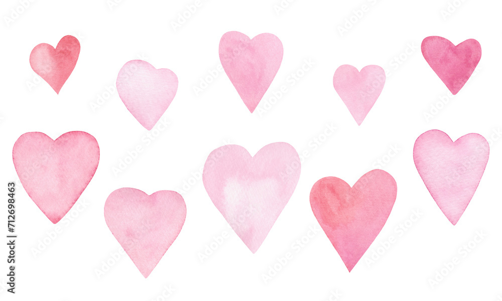 A set of watercolor pink, red hearts isolated on a white background painted by hand. A decorative element for a holiday, valentines, weddings, postcards, greetings. The texture of watercolor on paper.