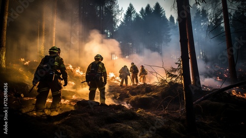 Fire Crew Working to Extinguish Wild Forest Fire