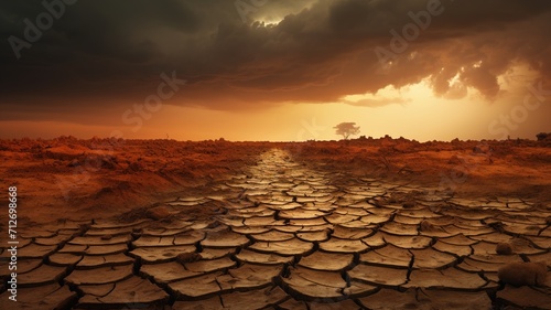 Desolate Landscape Under Threatening Climate Change Sky