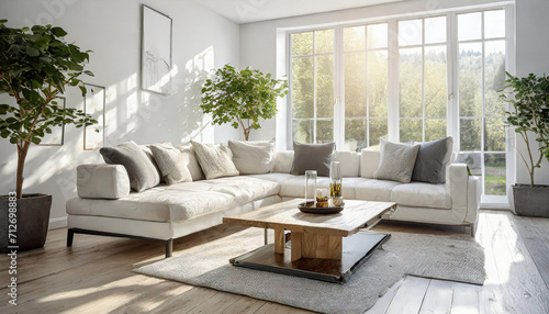 Live edge accent coffee table near white corner modular sofa in room with panoramic windows. Minimalist, loft home interior design of modern living room.