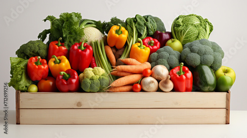 Pine box full of colorful fresh vegetables and fruits on a white background   Generate AI