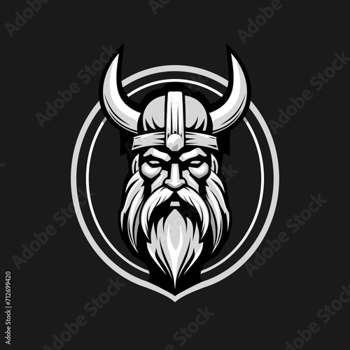 Black and white viking logo on a black background. Emblem of a Scandinavian bearded warrior in a horned helmet. Vector illustration