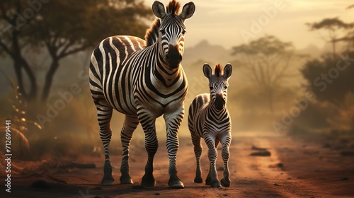 "Mother Zebra and Her Youngster: A Tender Moment in the Wild"