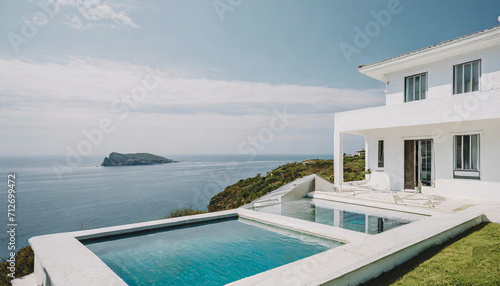 Traditional mediterranean white house with pool on hill with stunning sea view. Summer vacation background. © netsay