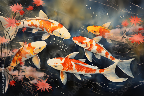 Koi pond, koi fish, fish pond, illustration of a fish pond, asian koi