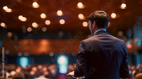 Speaker giving a talk at a corporate business conference. Audience in hall with presenter in front of presentation screen. Corporate executive giving speech during business and entrepreneur seminar.