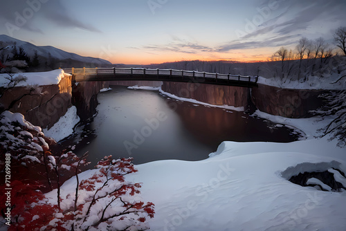 Bridge at dusk in winter. Generative AI.