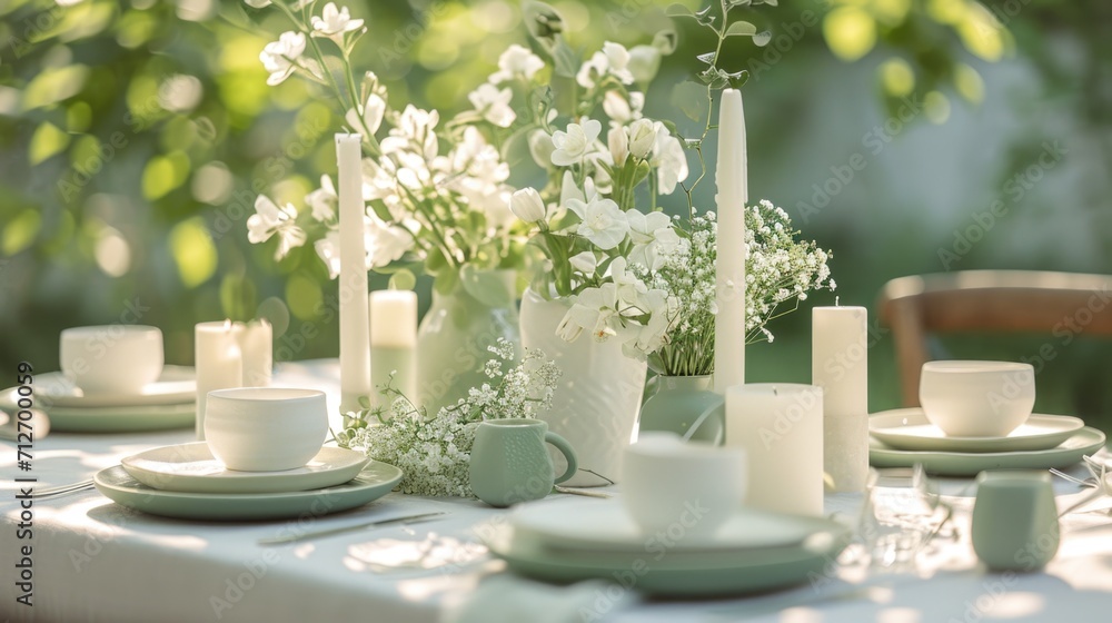 A table set with a vase of flowers and candles