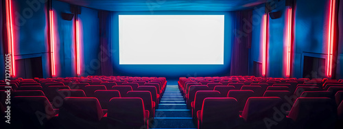 cinema hall with rows of red seats and atmospheric blue and red neon lights running along the walls, leading towards a blank movie screen, ready for a film projection photo