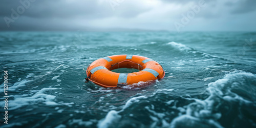 an orange lifebuoy floating in the ocean
