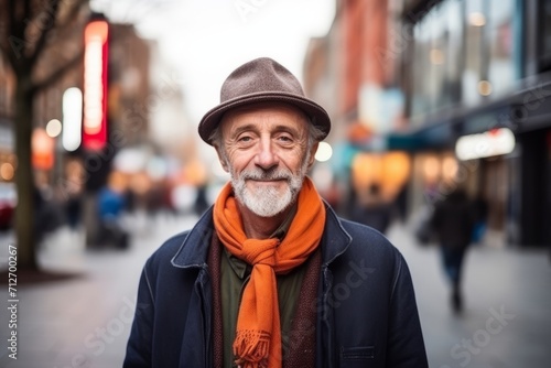 Portrait of a senior man with hat and scarf in the city