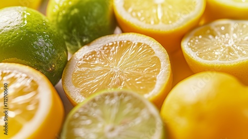 Yellow juicy lemon and green limes. Close up texture wallpaper. Summer and refreshing concept.