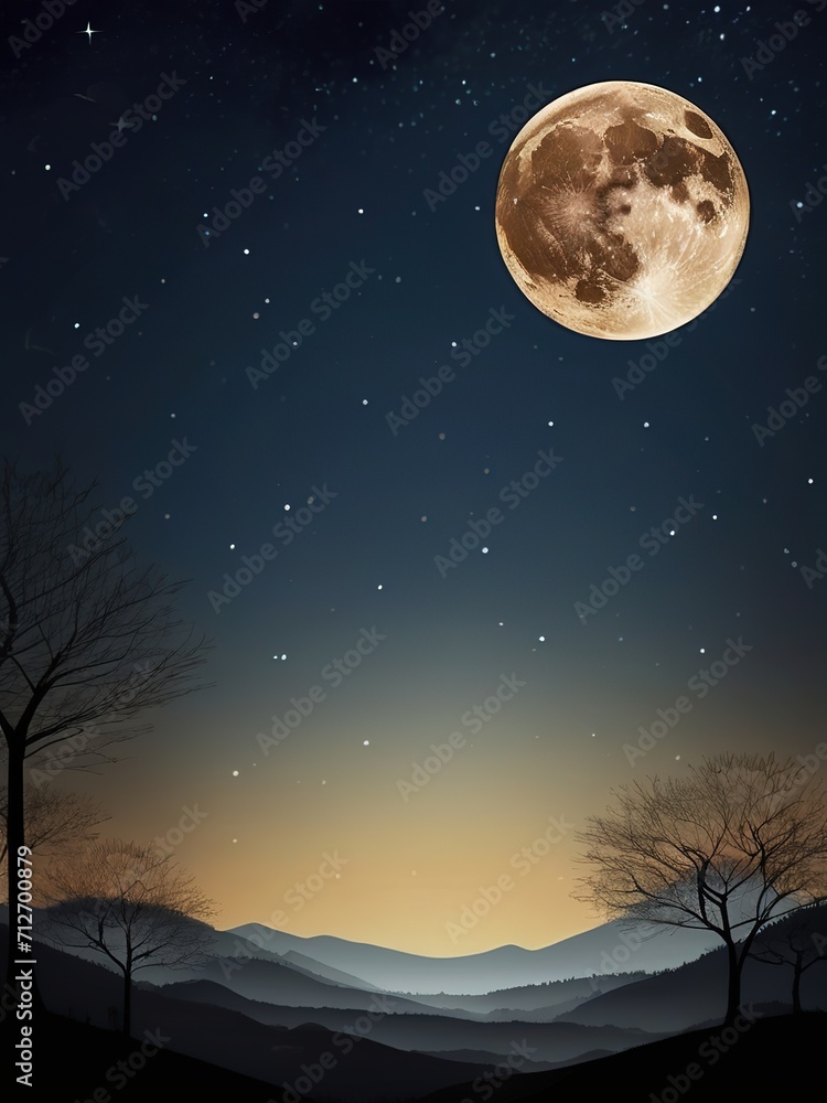 Night landscape with full moon and mountains