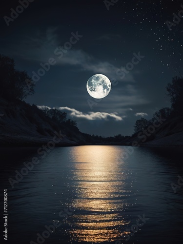 Full moon over the river at night with stars in the sky