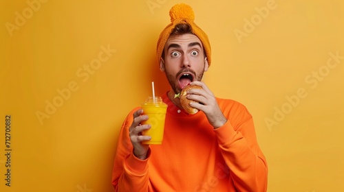 Young amazed man wear orange sweatshirt casual clothes eat fast food burger drink soda pop cola water isolated on plain yellow background. Proper nutrition healthy fast food unhealthy choice concept