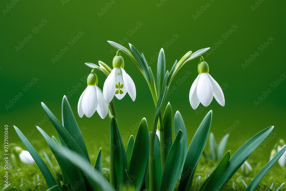 Fototapeta premium Blooming snowdrops on a green background. White spring flowers.