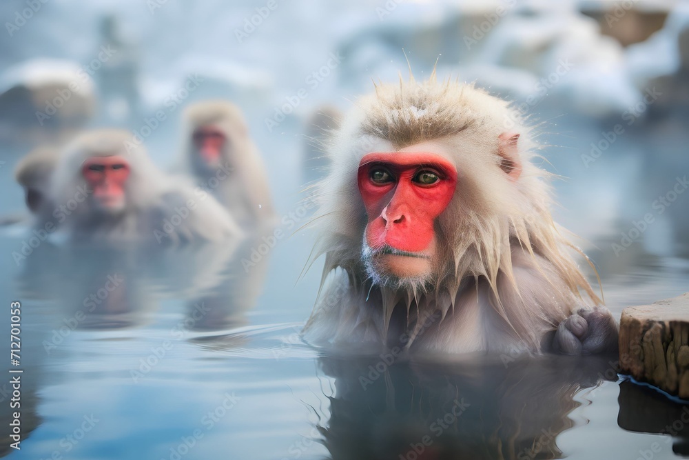 Naklejka premium a group of red-cheeked monkeys bathing in a natural onsen hot spring in Snow. Japan