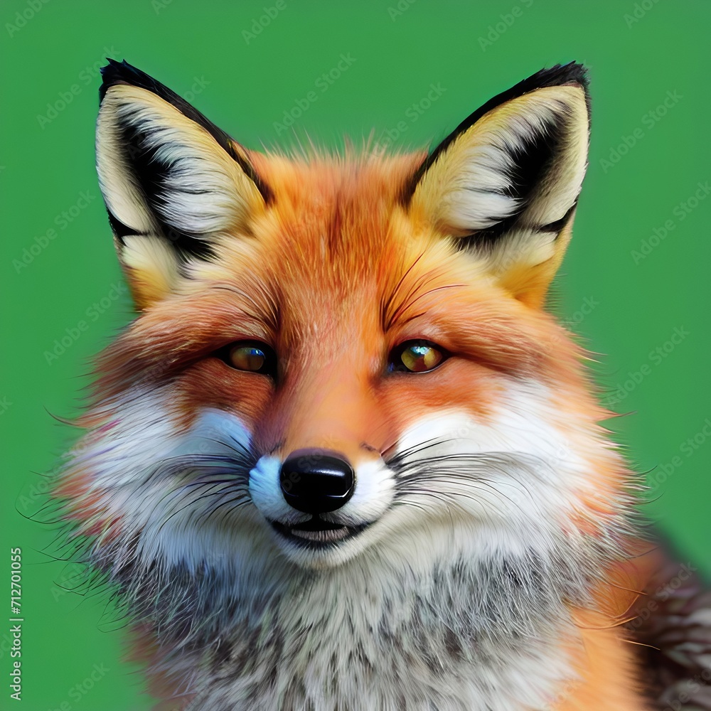 Close up of a fox face, showcasing its vibrant fur and intense gaze against a contrasting green background. Generative AI.
