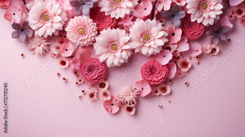 Pink flowers and text LOVE on a light pink background top view , Generate AI