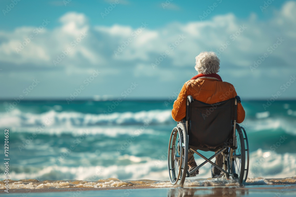 Old woman in a wheelchair enjoying the day near the water