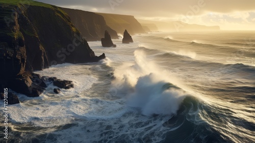 Wind fed waves break on coastal cliffs at sunset photo