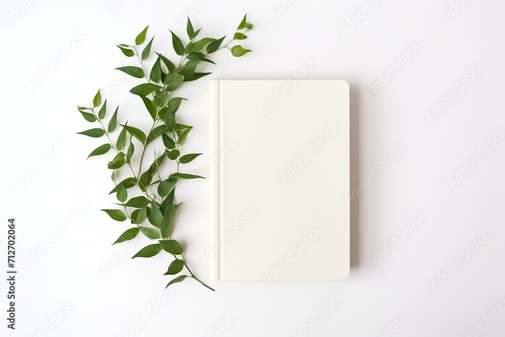 Old retro book with green leafs on white background Old retro book with green leafs on white background