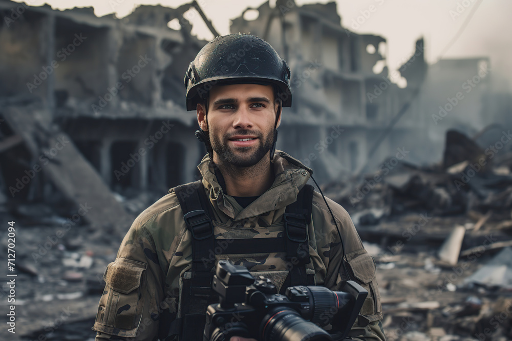 Portrait of man war journalist in bulletproof vest and helmet standing near destroyed buildings Portrait of man war journalist in bulletproof vest and helmet standing near destroyed buildings