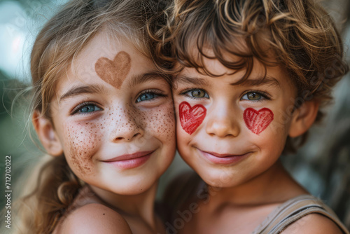 Zwei kleine Kinder posieren mit großen Herzen im Gesicht photo