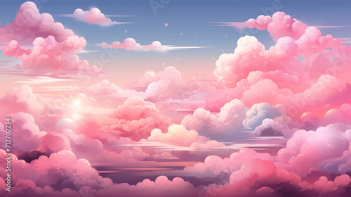 Pink Sky with Clouds. valentines Cartoon Background. Bright Illustration for Design , Generate AI photo