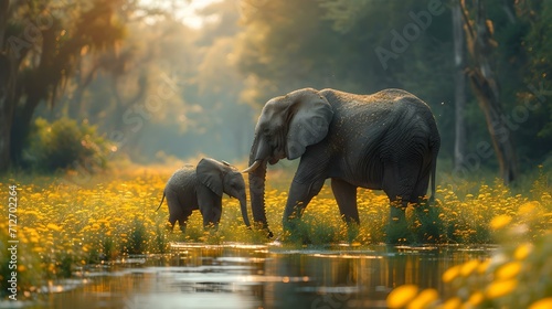Mother elephant with her calf walking through a picturesque meadow by the water. tranquil wildlife scene in a serene setting. AI photo