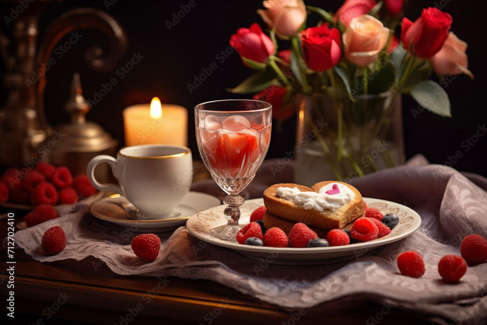 Romantic breakfast for Valentine's Day. Eggs, waffles, berries, coffee and drinks. Rose flowers and sweets