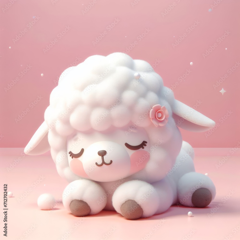 Сute fluffy white baby alpaca toy sleeping on a pastel pink background. Minimal adorable animals concept. Wide screen wallpaper. Web banner with copy space for design.