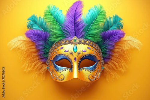 A colorful mask with feathers on a yellow background, Mardi Gras mask with colorful feathers.