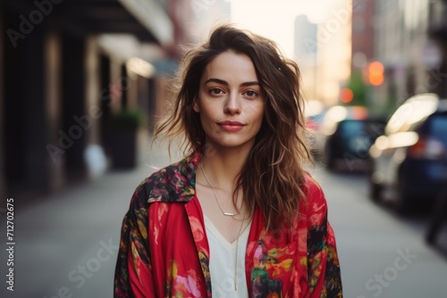 young beautiful hipster woman in the city at sunset, lifestyle people concept
