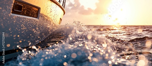 High quality photograph of a yacht sailing in the open sea, capturing a close-up side view with splashes of water against a clear sky after rain.