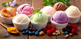 A group of ice creams on top of a wooden table next to berries and nuts. Ai generated.