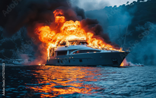A yacht on fire near a cliff, with thick smoke rising.