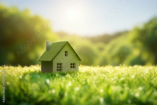 Wallpaper Mural Sustainable Concept green home and environmentally friendly construction. It includes a mini house icon placed on a lush green lawn generative ai Torontodigital.ca