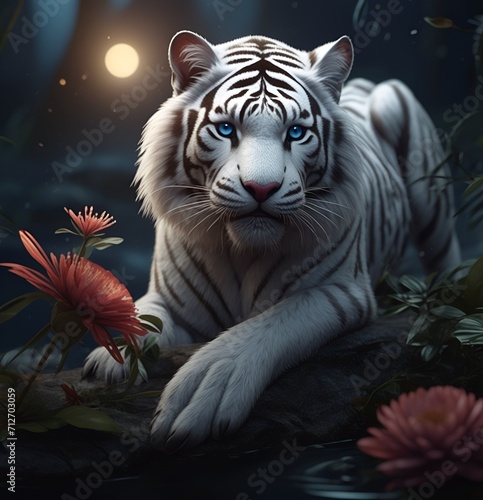 White tiger  on the background of flowers and forest  close-up portrait.