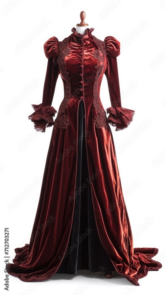 A red dress with a black trimming and sleeves, victorian dress design on white background. A red dress with a black trimming and sleeves, victorian dress design on white background.