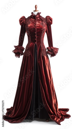 A red dress with a black trimming and sleeves, victorian dress design on white background.