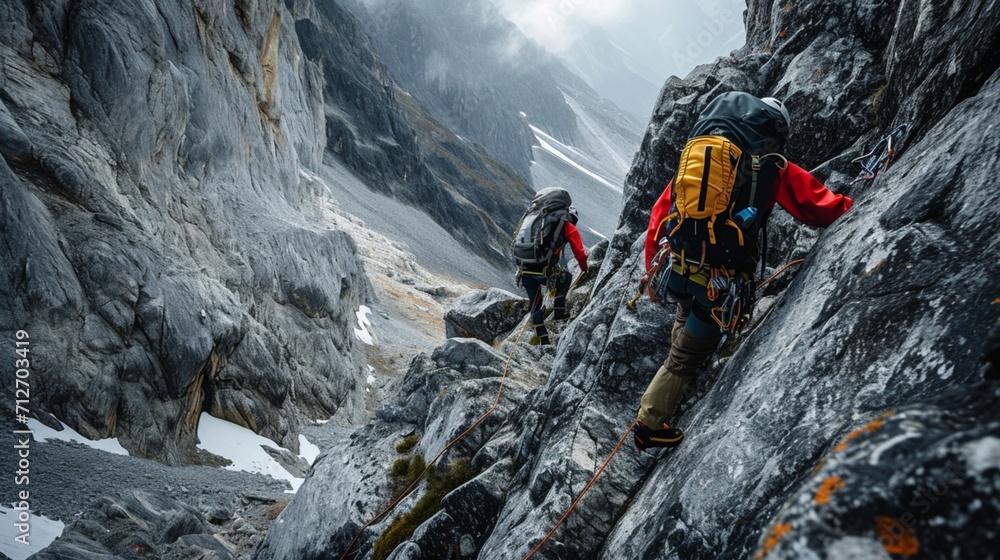 Climbers ascending a steep rocky slope - obrazy, fototapety, plakaty 