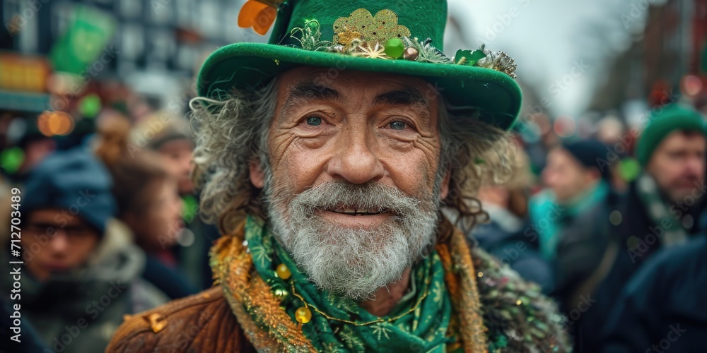 A man wearing a green hat and scarf, St. Patrick day celebration outdoors, person in green costume and a hat