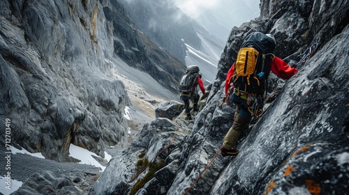 Climbers ascending a steep rocky slope photo