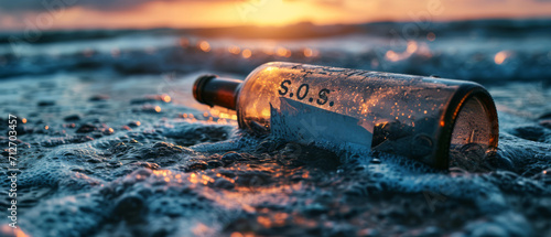 Message in a bottle with "SOS" washed up on the beach at sunset.