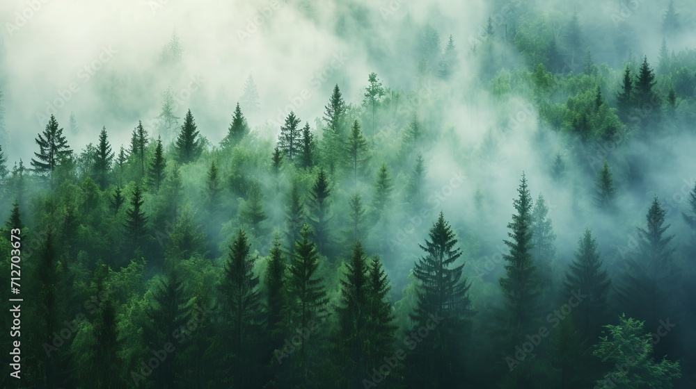 Misty Forest Filled With Tall Trees Enveloped Misty Forest Filled With Tall Trees Enveloped