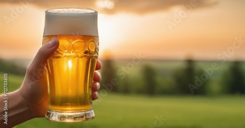 A man's hand holds a chilled glass of beer on a blurred green nature background. Saint Patrick, Card, banner, poster, flyer with copy space