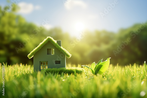 Sustainable Concept green home and environmentally friendly construction. It includes a mini house icon placed on a lush green lawn generative ai