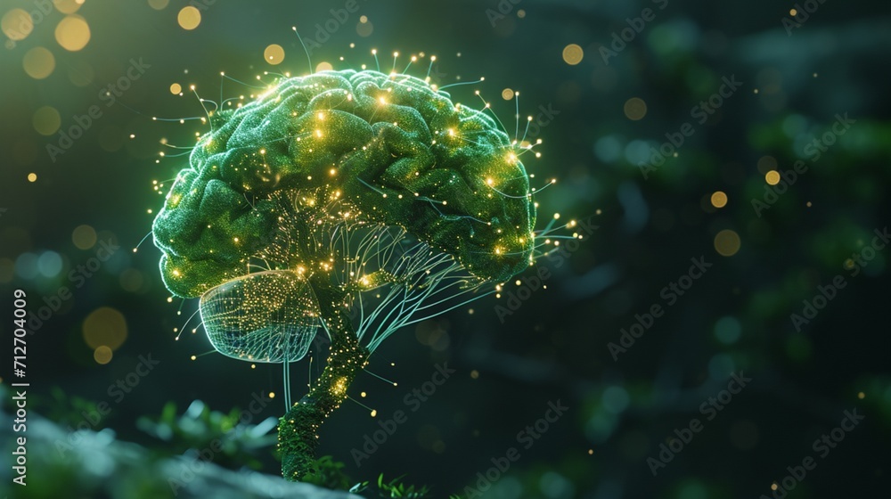 Generative AI illustration of model of human brain tree with glowing ...
