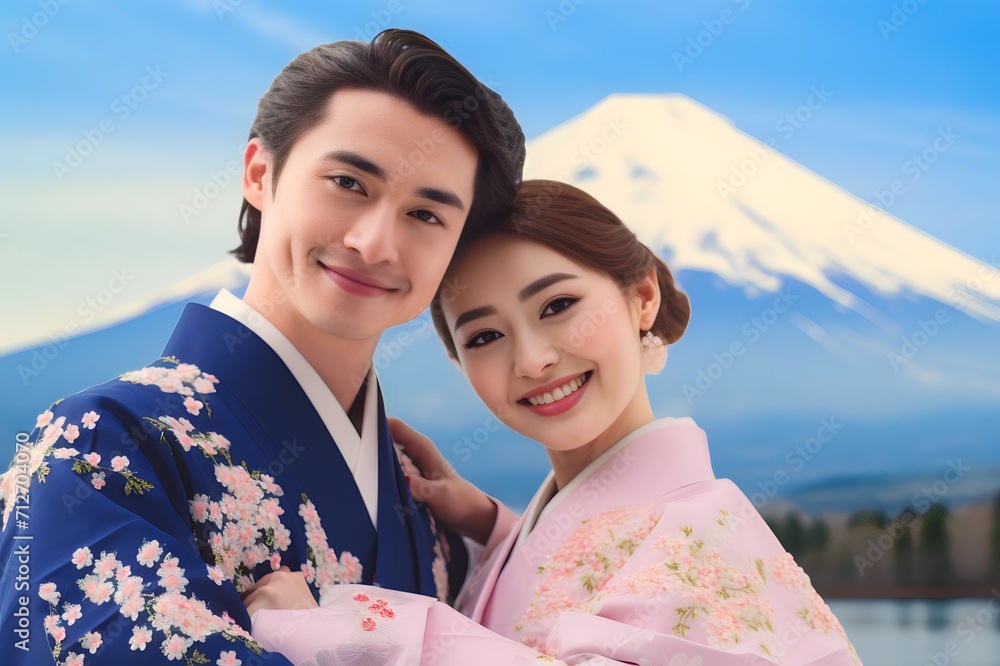 happy Asian young couple wearing traditional Japanese kimono at outdoor